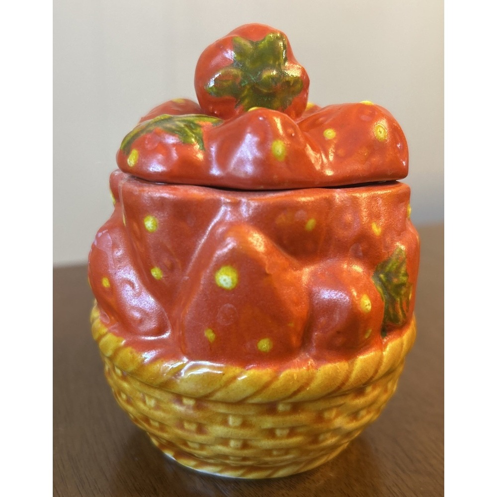 Vintage Ceramic Strawberry Basket Lidded Jar Jam Pot Sugar Bowl Japan Kitschy